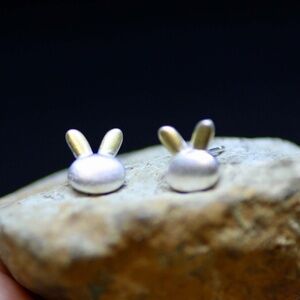 New Handmade Sterling Silver Bunny Earrings, Gold Accents